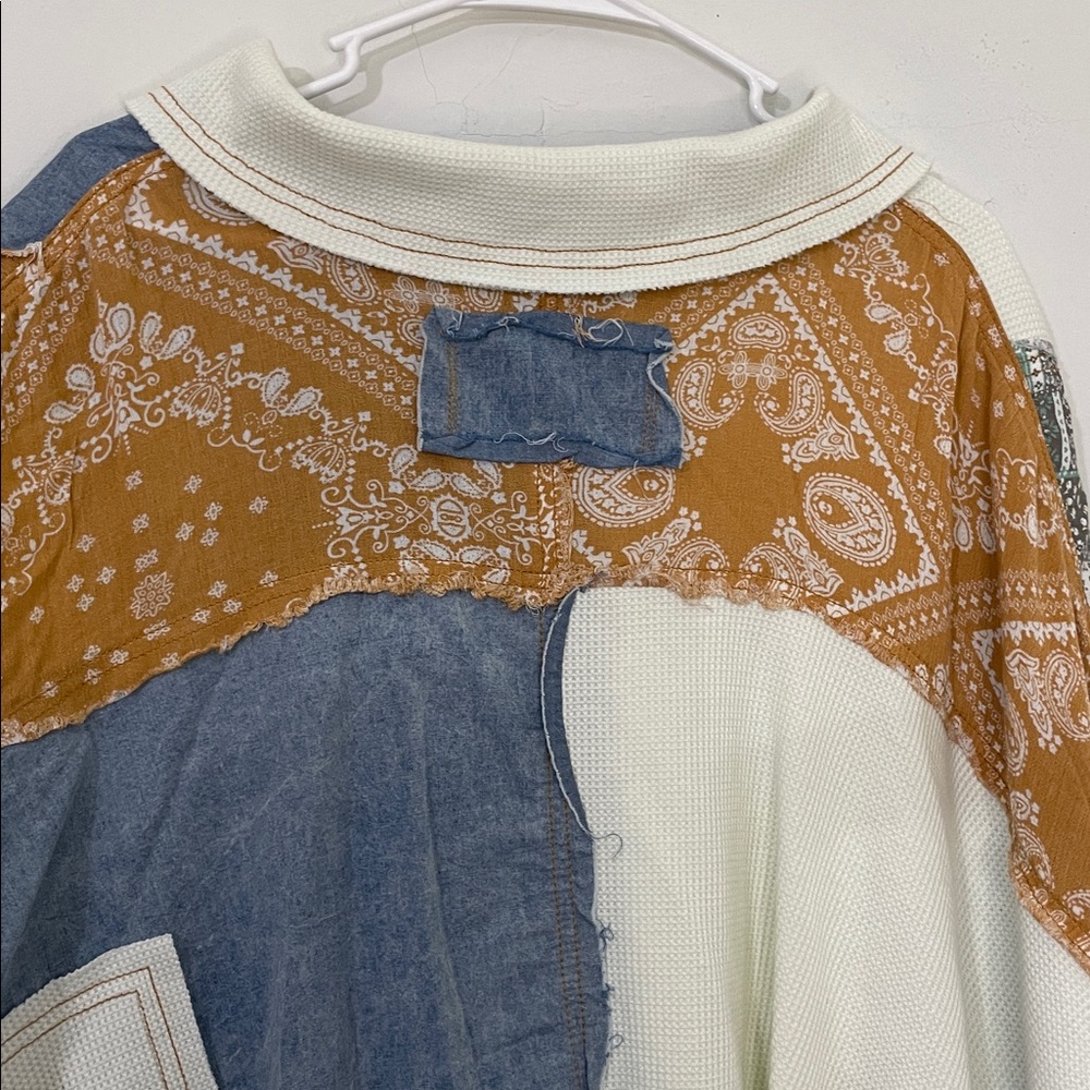 POL Boho Mixed Print Patchwork Denim Button-Up Sh… - image 9